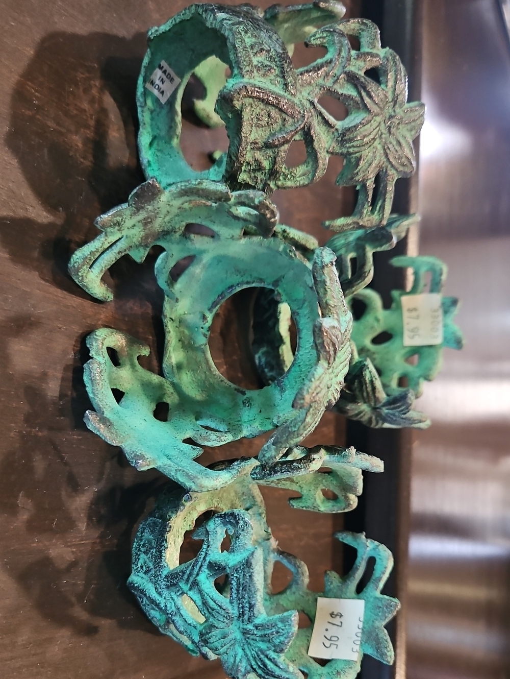 Verdigris cast iron napkin rings or Candle Holders